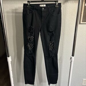 Guess Distressed Black Skinny Jeans with Pearl Accents